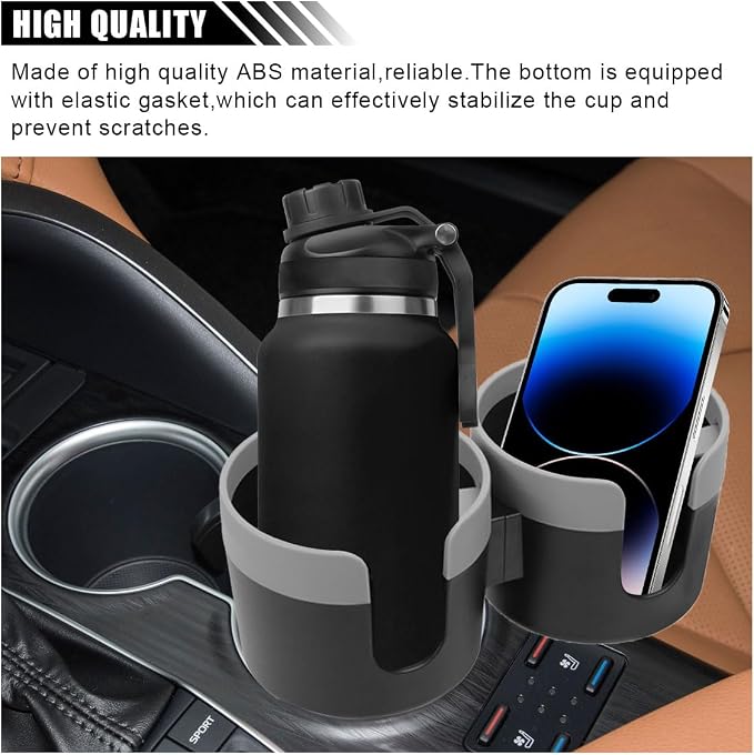 Car Double Cup Holder Extender, 2-in-1 Car Cup Holder Adapter with Adjustable Base, Universal Multifunctional Cup Holder Organizer for Beverage, Snack, Cup, Bottle Storage (Grey)