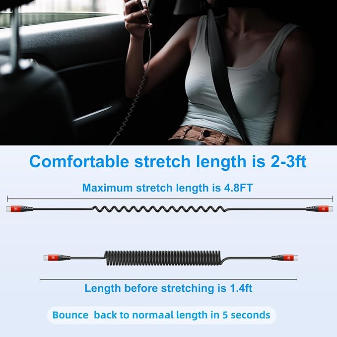 Coiled USB C Cable for Car 3FT & 6FT, USB C to USB C Fast Charging Cable USB Type C Cord Compatible with iPhone 17/16/15/Plus/Pro/Pro Max/MacBook Pro 2020/iPad Pro 2020/Samsung Galaxy S23-Red