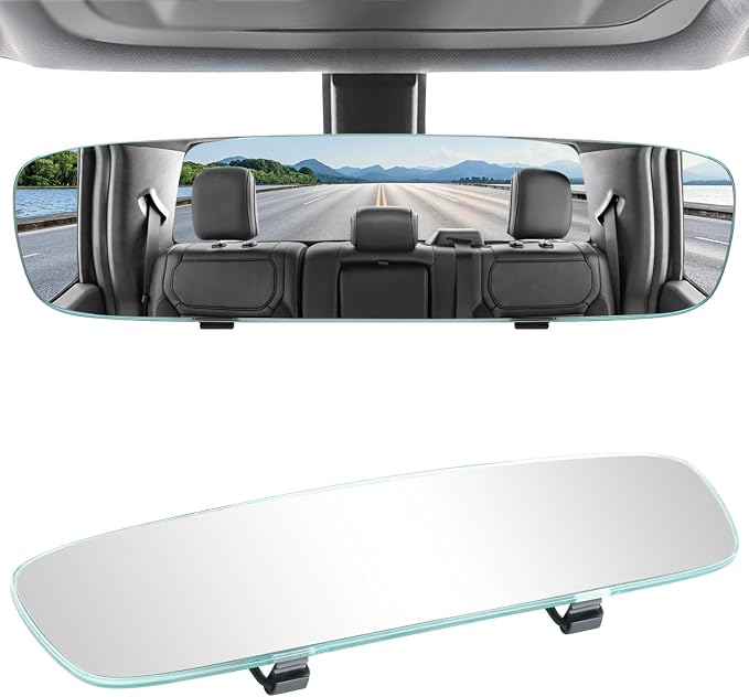 Rear View Mirror, Universal 12" (305mm) Wide-Angle Panoramic Convex Rearview Mirror with Clear Slim Frame, Strap-On Design Fits Original to Reduce Blind Spots for Cars SUVs Trucks