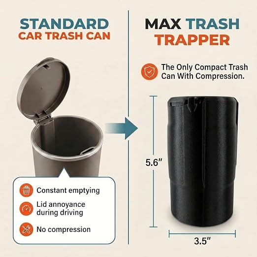 Car Trash Can Cup Holder | Max Car Trash Can | Fits in Most Cupholders | 5.6" x 3.5" | Traps More & Empties Less, Patent-Pending Compaction, Holds Many Weeks Small Garbage, Black/Grey