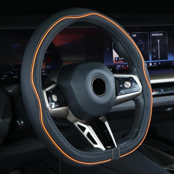 Flat Bottom Steering Wheel Cover Anti-Slip,Safety,Soft,Breathable,Durable,Full Surround,Comfortable Grip Microfiber Leather (D Shape, Black Orange)