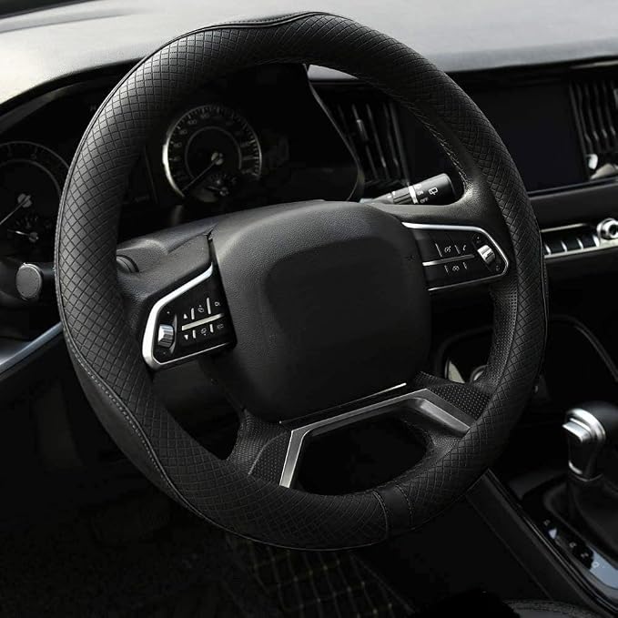 Microfiber Leather Steering Wheel Cover Anti-Slip Matte Finish Auto Car Wheel Cover Universal 15 Inch Wheel Cover for Car Embossing Pattern Black Line