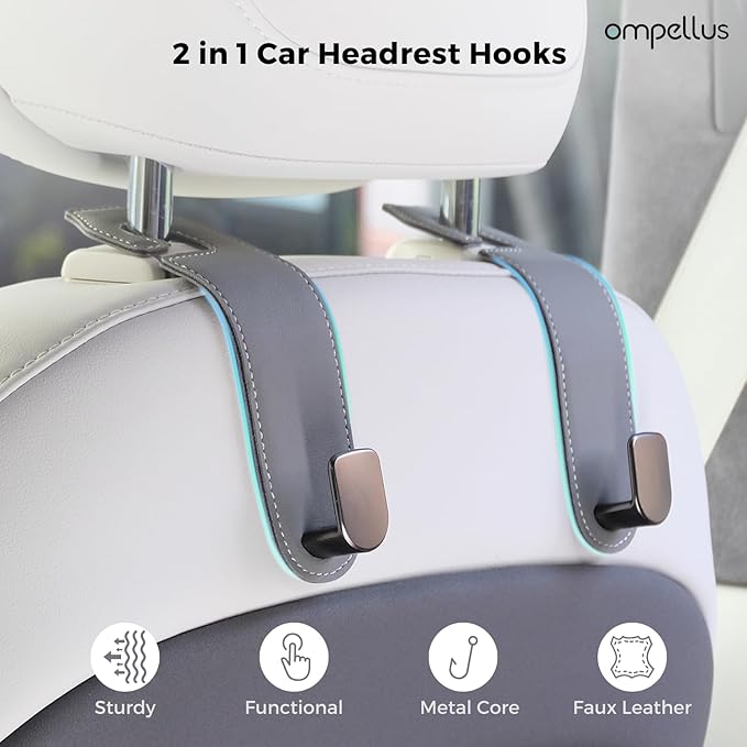 Car Headrest Hook, 2 Pack Leather Car Seat Hooks for Purses and Bags, Car Organization Accessories (Tan)