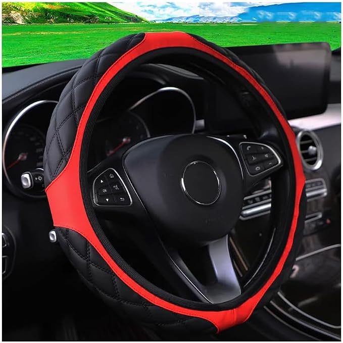 15 Inch Car Leather Steering Wheel Cover, Automotive Accessories Elastic Breathable Anti-Slip Soft Wheel Protector Fits Men and Women, Suitable for SUVs, Trucks, Vehicles and RVs (Red-1)