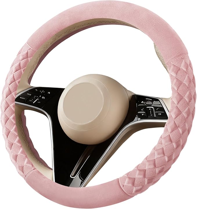 Cherry Blossom Pink Diamond Patterned Plush Steering Wheel Cover, for Universal Auto Steering Wheel 14.5-15 in, Short Fluffy, Anti-Slip, Soft Plush, Comforting and Luxurious, Odorless, Soft Texture