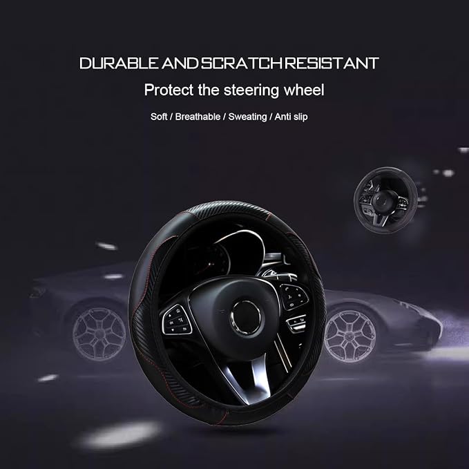 Ultra Fine Carbon Fiber Leather Steering Wheel Cover, Anti Slip and Sun Protective Protect The Steering Wheel, Easy to Install,Universal of 14.5"-15" (Black)