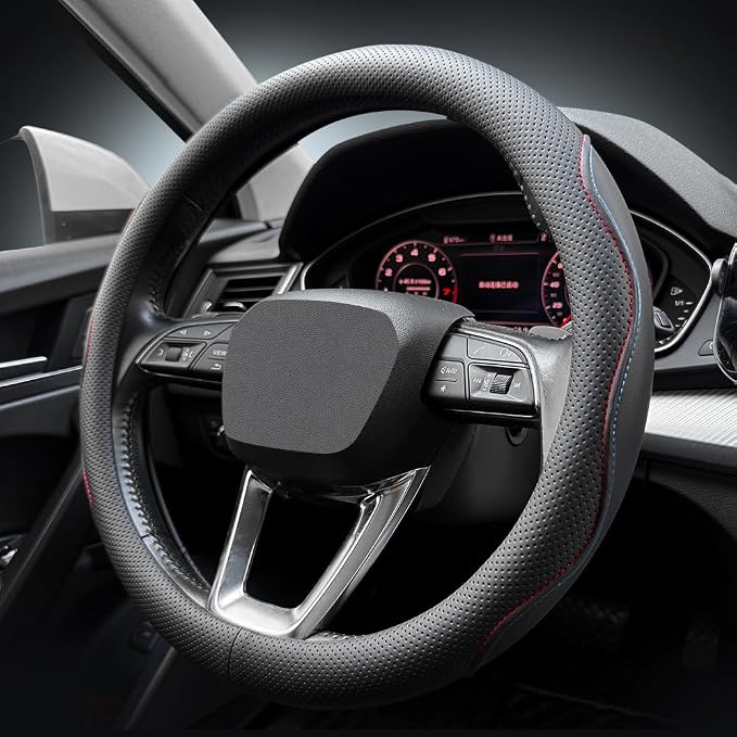 Nappa Premium Leather car Steering Wheel Cover, Non-Slip, Breathable, Universal 15 inches,Black and red Blue line