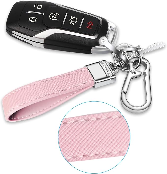Genuine Leather Car Keychain,Universal Heavy Duty Metal Key Chain Accessories,Car Fob Key Keychain Holder with 360 Degree Rotatable Snap Swivel and Anti-Lost D-Ring for Men Women(Light Pink)