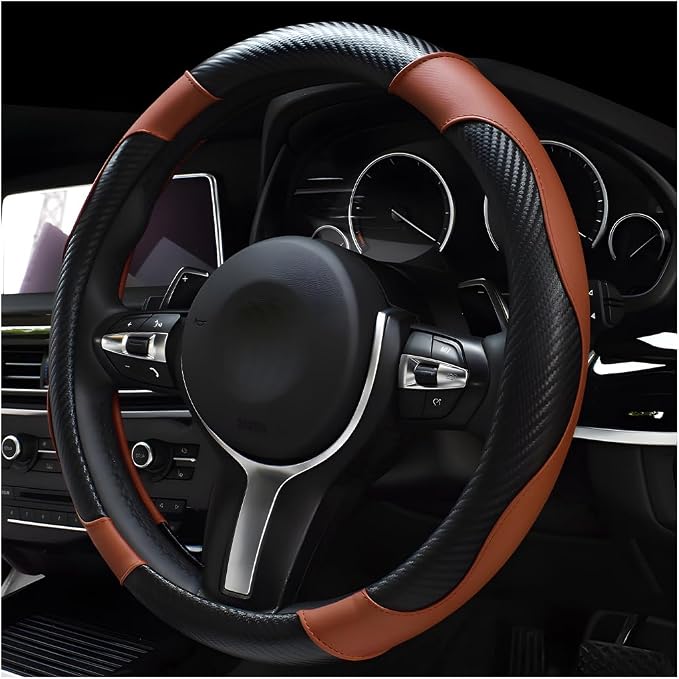 Car Steering Wheel Cover, 15 Inch Carbon Fiber Leather Stitching Color Steering Wheel Protector, Anti-Slip Elastic Breathable Steering Wheel Cover Stylish Decor for Most Cars (Black & Coffee)