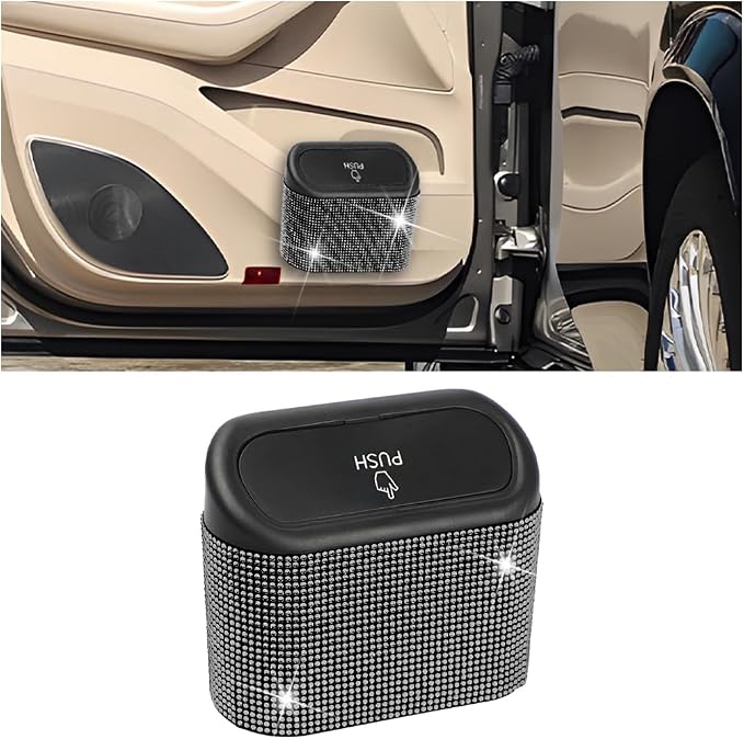 Bling Car Trash Can with Lid, Crystal Rhinestones Leakproof Auto Garbage Hanging Container Bin, Multipurpose Diamond Dustbin Storage Organizer, Universal Vehicle Accessories (Black)