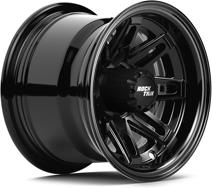 10 inch Golf Cart Wheel Tire Combo Kit, RT103 Gloss Black 10x7 Rim 205/50-10 Low Profile Tire, No Lift Kit Required, Fits Club Car Precedent EZGO TXT RXV Yamaha G1-G29, One Single