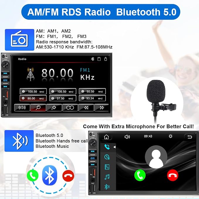 7 Inch Double Din Car Stereo for Wireless Carplay & Android Auto, Car Audio with 1024 * 600 HD Touch Screen ， Mirror Link, Bluetooth5.2,2USB/AUX/TF,AM/FM Radio