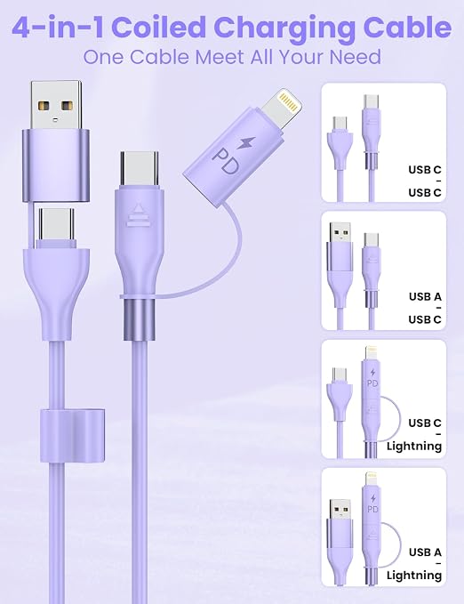 Purple USB-C and Lightning Cable 2-in-1, 3-FT iPhone 17 16 15 Car Charger Cord, 60W Fast Charging Cable for iPhone, Samsung Galaxy Supports Apple CarPlay & Android Auto