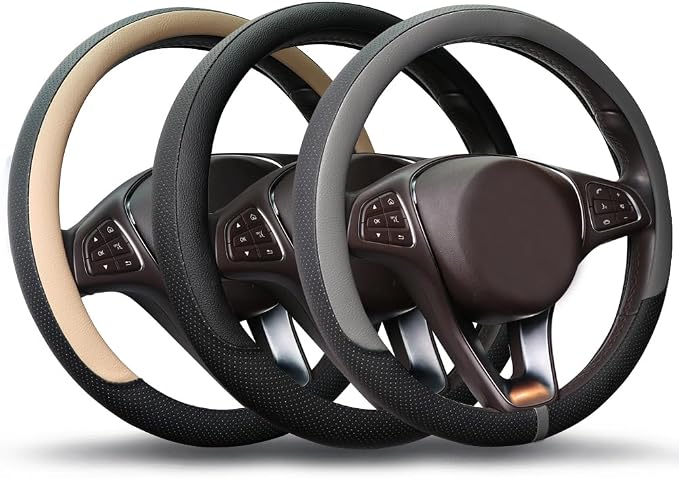 Breathable Steering Wheel Cover Microfiber Leather with Center Mark Design Universal Medium Size 14 1/2-15 Inch Gray and Black