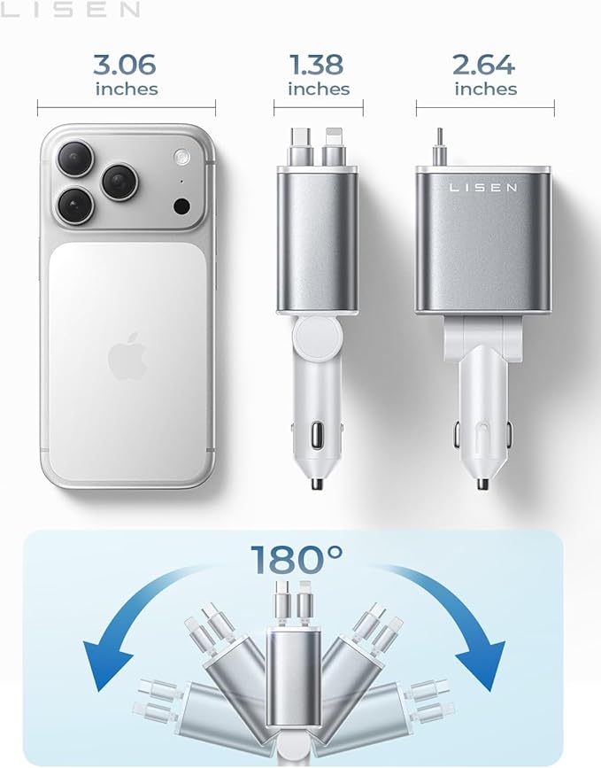 Retractable Car Charger for iPhone, for iPhone 17 Pro Max 16 15 14 13 12 Plus Mini, Cute 4 in 1 Retractable USB C Car Charger Fast Chareg for Women Men, 84W Fast Charging Car Accessorie | Multiple Ports Car Charger, Retractable Car Charger Fast C...
