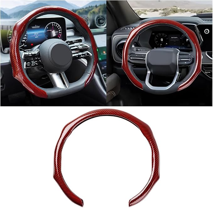 Zpana Carbon Fiber Car Steering Wheel Cover, Leather Non-Slip Vehicle Steering Wheel Cover for 14.5-15 Inch, Comfortable Auto Interior Protector Decoration Accessories, Universal Fit(Red)