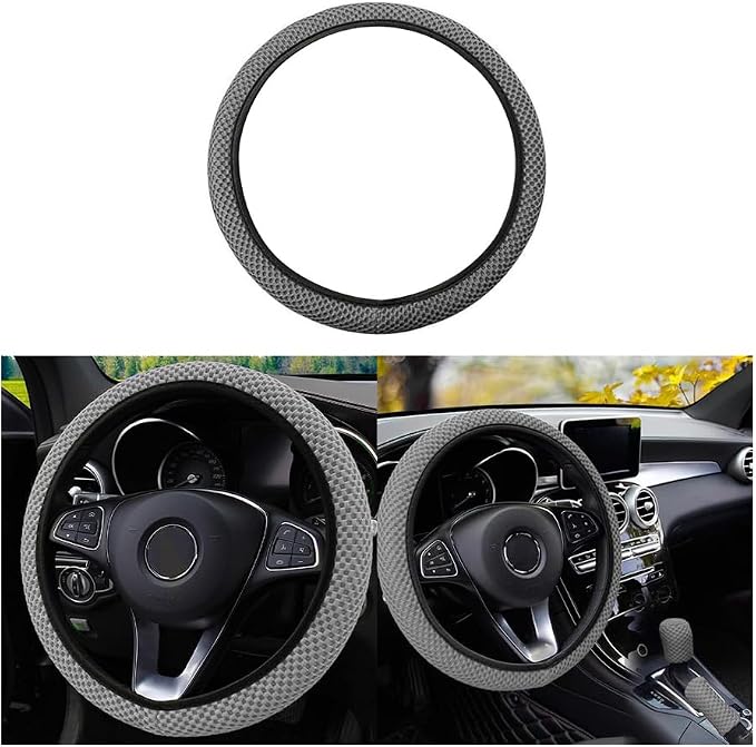 Elastic Stretch Steering Wheel Cover, Universal 15 Inch Car Steering Wheel Cover, Microfiber Breathable Ice Silk, Anti-Slip, Odorless, Easy Carry, Warm in Winter and Cool in Summer (Gray)