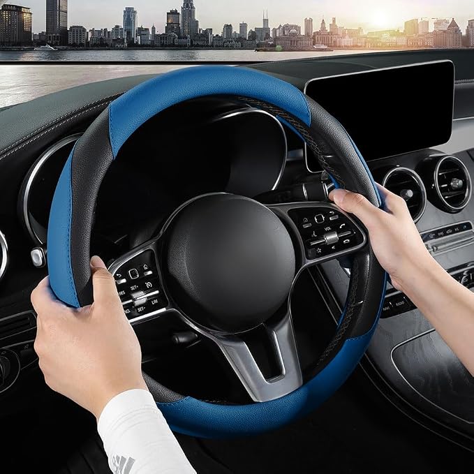 Car Steering Wheel Cover, Microfiber Leather Steering Wheel Cover Universal Fit 14.5-15 inch Anti-Slip Comfortable Breathable Car Wheel Protector for Men Women,Blue