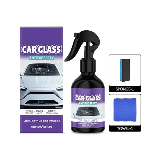 Windshield Anti Fog - 100ml Glass Defogger Spray with Sponge Towel, Window Glass Cleaner with Clear Vision Formula, Automotive Motorcycle Vehicle Truck Interior Protection, Goggles Mirror