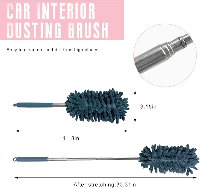 2 PCS Car Interior Duster with Extension Pole, Stretchable Chenille Vehicle Dusters with Bendable Head, Scratch Free Dusters Soft Cleaning Tool for Car Exterior & Interior (Navy Blue)