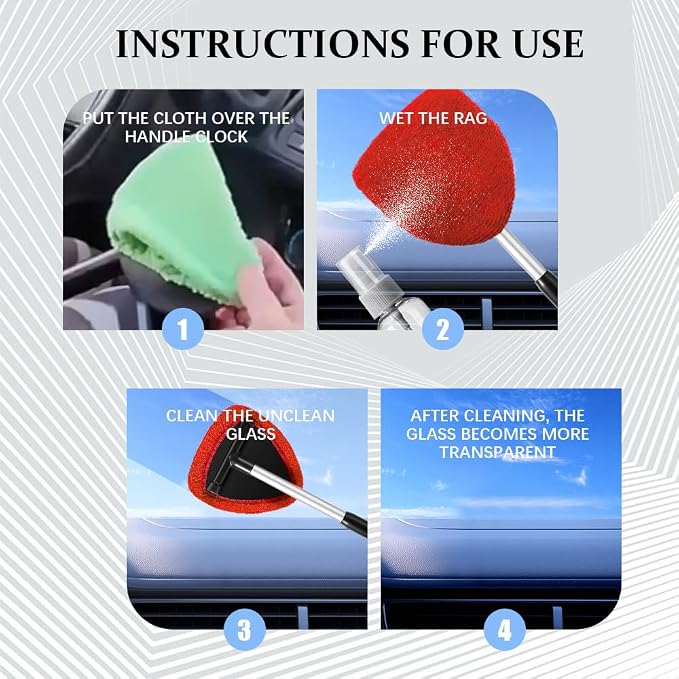 19" Extra-Long Windshield Cleaner Tool, Auto Glass Wiper Brush Kit | Car Interior Detailing Cleaning Kit with Extendable Handle and 4 Reusable Microfiber Pads, Car Window Cleaner, for Cars