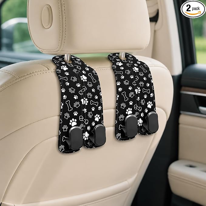Cute Black Paw Car Seat Back Storage Headrest Hooks for Purses & Bags – 2PCS PU Leather Dual Metal Hooks, Backseat Organizer Accessories