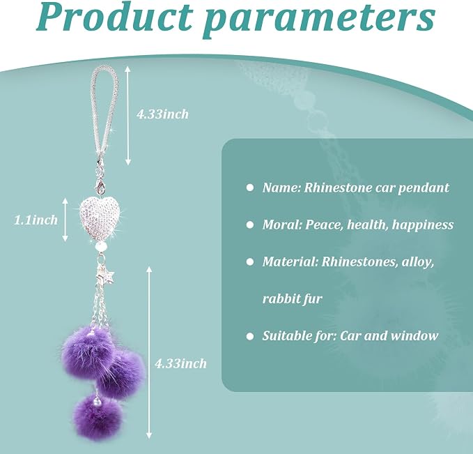 Bling Diamond Heart Car Interior Accessories, Mirror Hanging Ornament for Women, Love Heart & Pink Plush Ball Decor Ornament Pendant, Hanging Decoration Charm Pendant (Purple)