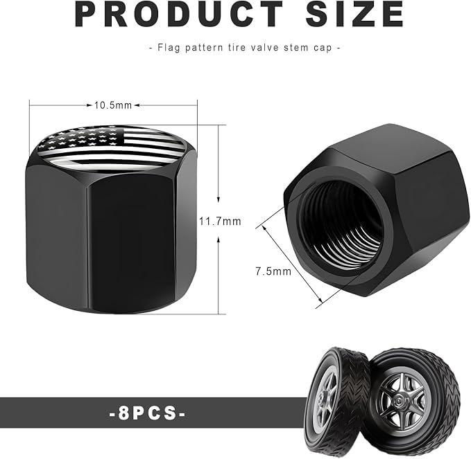 8 PCS Tire Valve Stem Caps, Cute Cow Print Airtight Dust Proof Tire Valve Covers, Corrosion Resistant Aluminum Wheel Stem Caps for Cars, Trucks, SUVs (Black & White Flag)