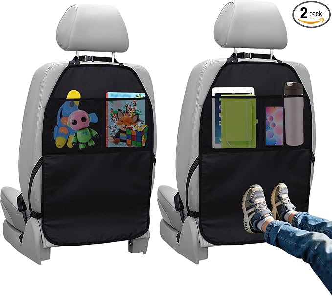 2PCS Kick Mat Back Seat Protector, Back Seat Cover for Kids, Large Vehicle Backseat Protector with 2 Mesh Storage Pockets, Waterproof Car Backseat Protective Covers for Most Vehicles (2PCS)