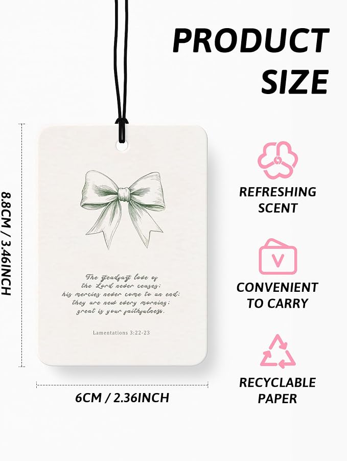 Green Christian Car Air Freshener 4 Pcs, Coquette Bow Floral Religious Hanging Air Freshener for Cars Closet Drawer Books, Cute Girly Christian Car Accessories Mirror Decor for Women