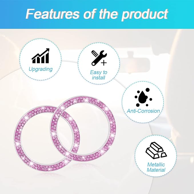 Car Bling Crystal Rhinestone Engine Start Ring Decals, 2 Pack Car Push Start Button Cover/Sticker, Key Ignition Knob Bling Ring, Sparkling Car Interior Accessories for Women (Double Purple)