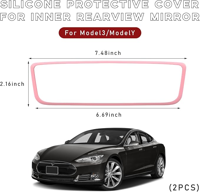 Car Rear View Mirror Protector Frame, Silicone Auto Rearview Edge Protection Cover Compatible with Model 3 Model Y, Interior Rear View Trim Frame Decoration, Car Accessories (Pink-2PCS)