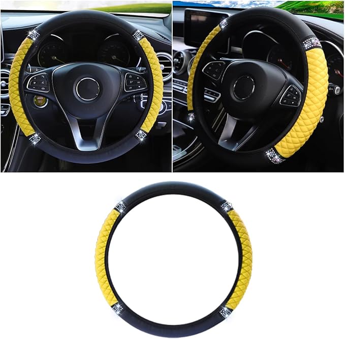15 Inch Bling Soft Leather Car Steering Wheel Cover, Yellow | Colorful Rhinestones Design, Auto Elastic Protector for Women Girls, Crystal Diamond Car Accessories for Most Cars, SUVs