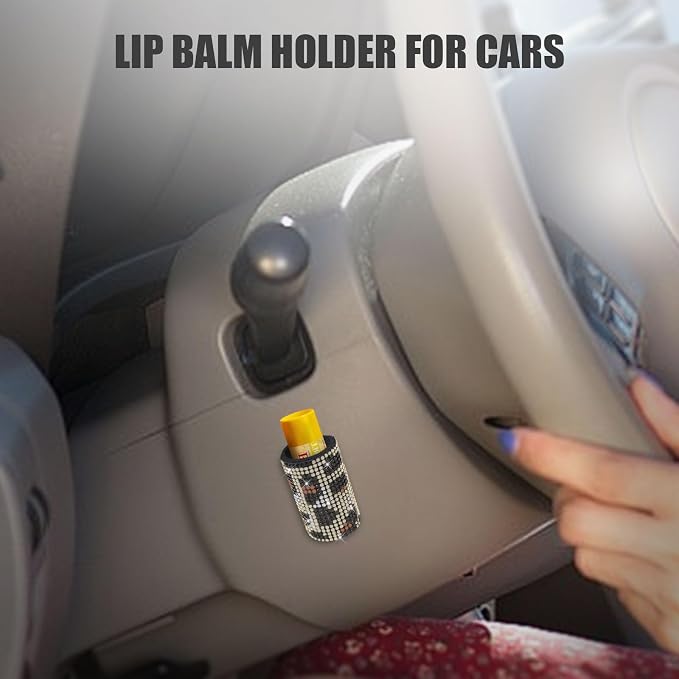 Upright Car Chapstick Holder, Bling Insulating Lip Balm Holder,Rhinestone Car Accessories for Women Interior,Suitable for Most Vehicles. (Leopard print)