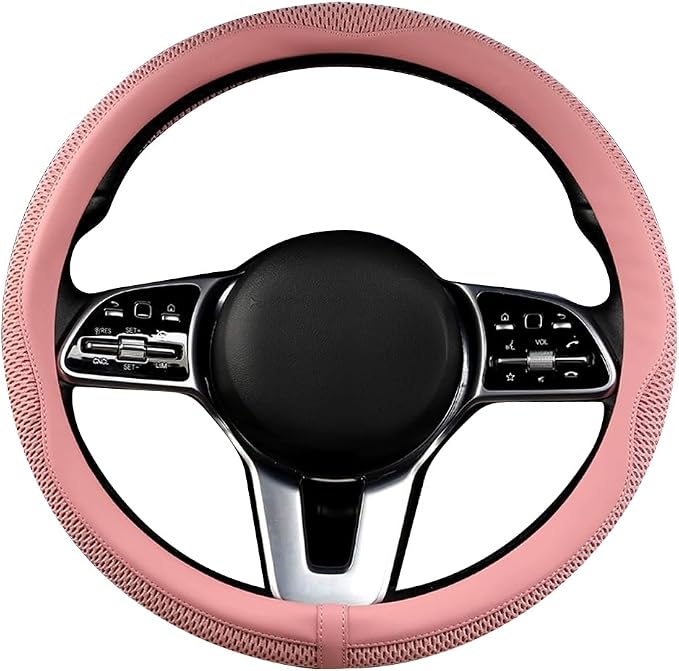 Car Steering Wheel Cover, Universal 15 inch, The Latest Microfiber Leather Breathable Technology Fabric, Non-Slip, Comfortable, Warm in Winter and Cool in Summer,Pink