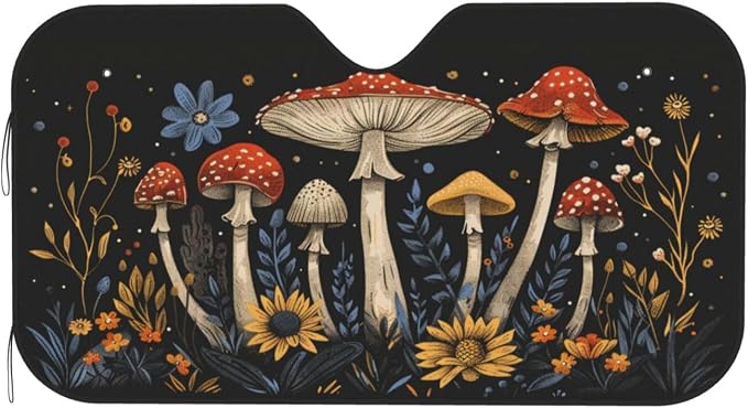 Windshield Sun Shade Boho Mushroom Flower Vintage Car Front Window Sunshade Cover for Truck SUV Blocks UV Rays Automotive Visor Interior Protector 55 x 30 inch