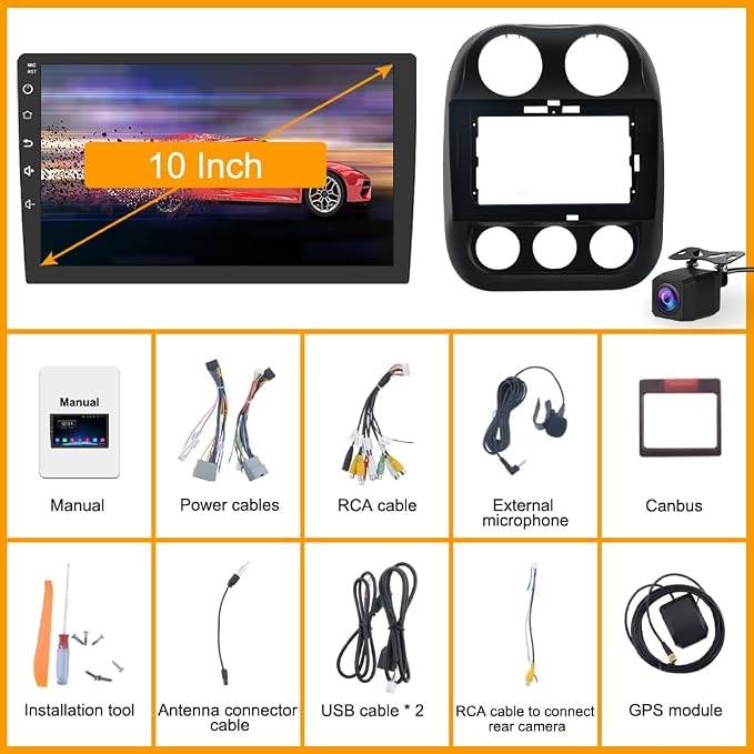 8 Core Car Radio Stereo for Jeep Compass Patriot 2010-2016 10 inch Touch Screen with Wireless CarPlay Android Auto Bluetooth 5GHz WiFi FM GPS Navigation Backup Camera【4G+64G】
