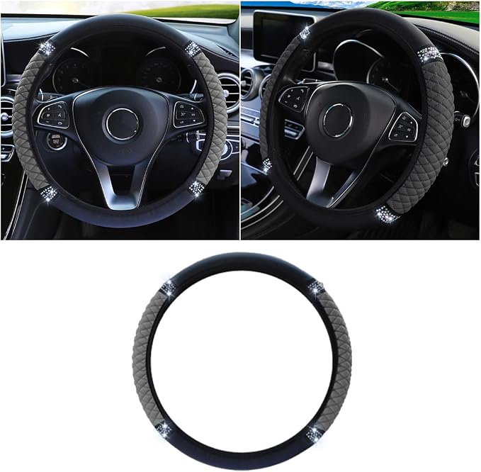 15 Inch Bling Soft Leather Car Steering Wheel Cover, Grey | Colorful Rhinestones Design, Auto Elastic Protector for Women Girls, Crystal Diamond Car Accessories for Most Cars, SUVs