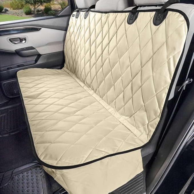 Back Seat Pet Cover for Dogs w/o Hammock – 54" Wide, Waterproof Car Seat Cover, Non-Slip, Heavy-Duty – Fits Cars, SUVs, Small Trucks – 2 Seat Belt & Latch Access – Back Seat Protector (Beige)
