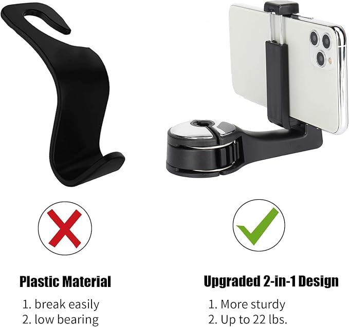 Upgraded 2 Pack Car Headrest Hidden Hook 2 in 1 Car Seat Hooks with Phone Holder for Purse, Backpacks,Toys,and Even Bottle Storage Organizer (Silver)