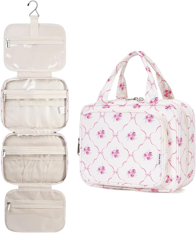 Hanging Toiletry Bag for Women Travel Makeup Bag Organizer Toiletries Bag for Travel Size Essentials Accessories Cosmetics (Bowknot and Flower (Medium))