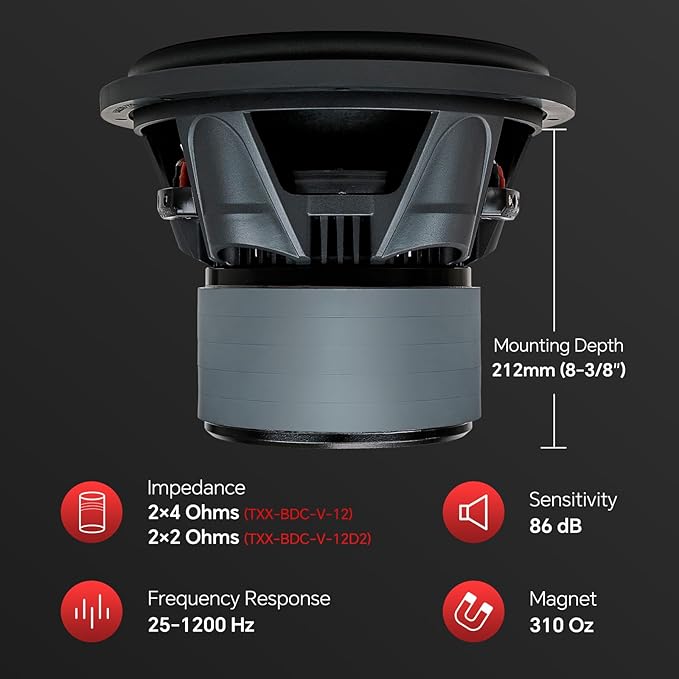 12" Quinta Stack Composite Cone Subwoofer (TXX-BDC-V-12D2), Superior Performance, 2400W, 5 Magnets, BASV Voice Coil, Aluminum Basket, Weaved Tinsel Leads, Multi-Connect Terminals, 2*2 Ohms