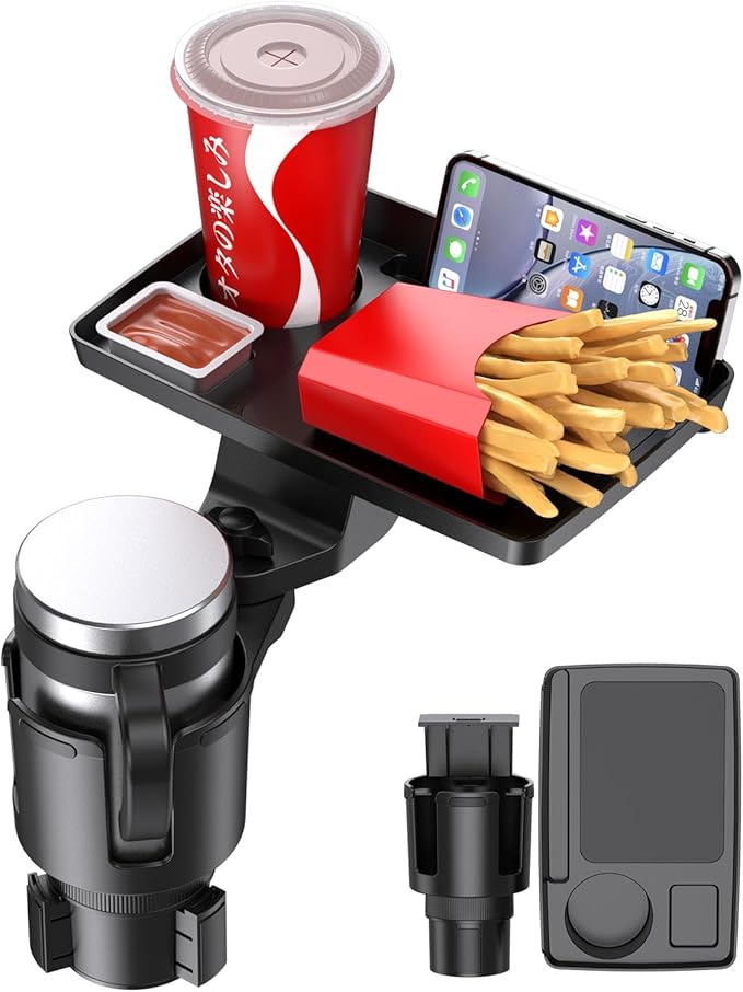 Cup Holder Tray, Detachable 360° Rotatable w/Phone Mount, Fits 2.6‑3.9 Inch | Car Cup Holder Long Road Trip Essentials Travel Patrol Accessories Drink Holder Organizer for Semi Truck Rv