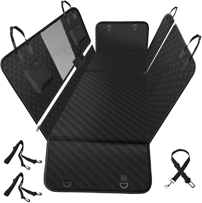 6 in 1 Car Seat Cover for Back Seat, 60/40 Split, 100% Waterproof with Mesh Window, Scratch Prevent Anti-slip Dog Hammock, Large