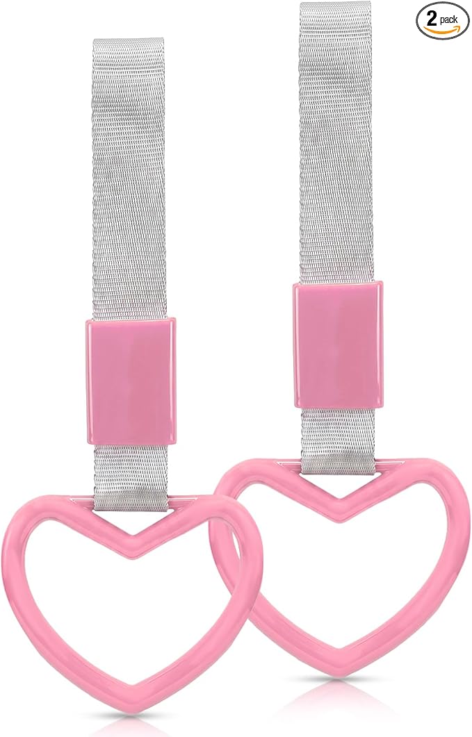 2 Pcs Heart Shaped Car Handle Strap – JD M Drift Charm Rear Bumper Warning Ring Decor for Car Interior Exterior, Subway Bus Handle Accessory, Cute Heart Car Decor Gift for Drivers (Pink-Silver)