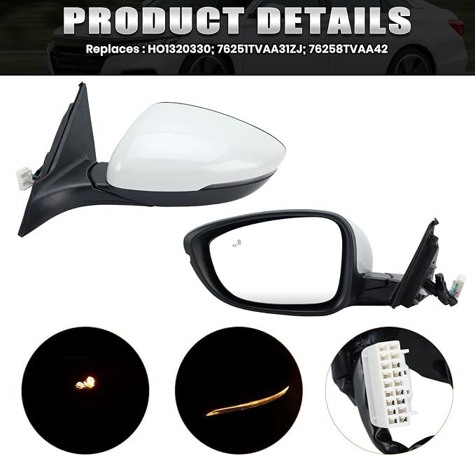 Left Driver Side Mirror Compatible with 2018-2022 Honda Accord Power Glass | Heated | with Blind Spot | with Turn Signal | Manual Folding Repalces HO1320330 (8Pins-Pearl White)
