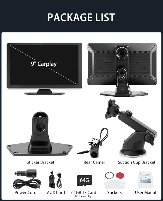 9" CarPlay Screen for Car, 4K Dash Cam Car Tablet for Apple Android Auto,1080P Rear Backup Camera, Wireless Portable Touch Voice Control Screen for GPS Navigation, Bluetooth, Mirror, Truck