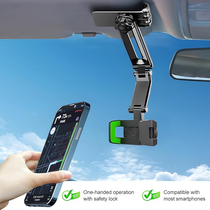Rotatable and Retractable Car Phone Holder - 1080 Multifunction Sun Visor Universal 360 Rotating Cell Phone Holder Mobile Mount for Vehicle Rear View Mirror