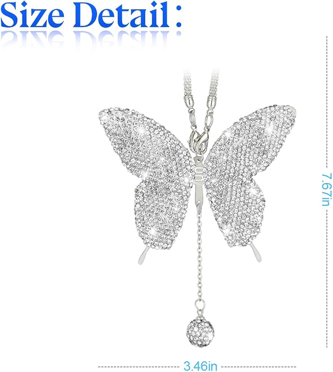 Bling Butterfly Diamond Car Accessories, Crystal Car Rear View Mirror Charms for Women, Car Decoration Lucky Gifts Hanging Interior Crystal Ornament Pendant Decor for All Cars (White)