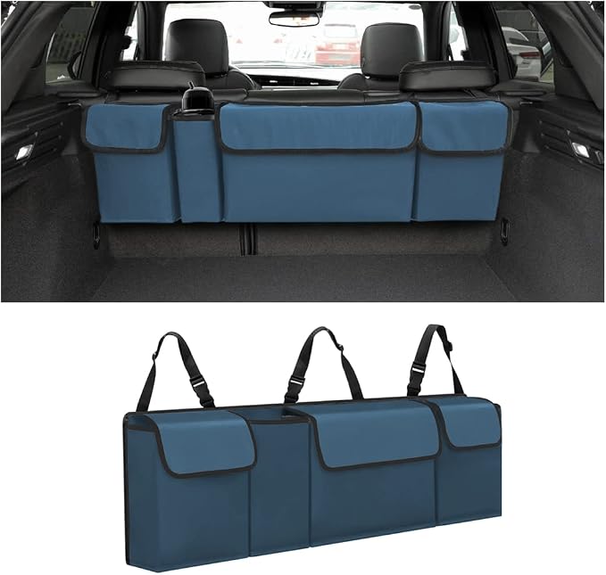 Car Trunk Organizer, Backseat Hanging Large Storage with Adjustable Straps, Waterproof Collapsible Cargo Bag with 4 Pockets, Sturdy Space Saver Frees Trunk Floor for SUV, Truck, MPV